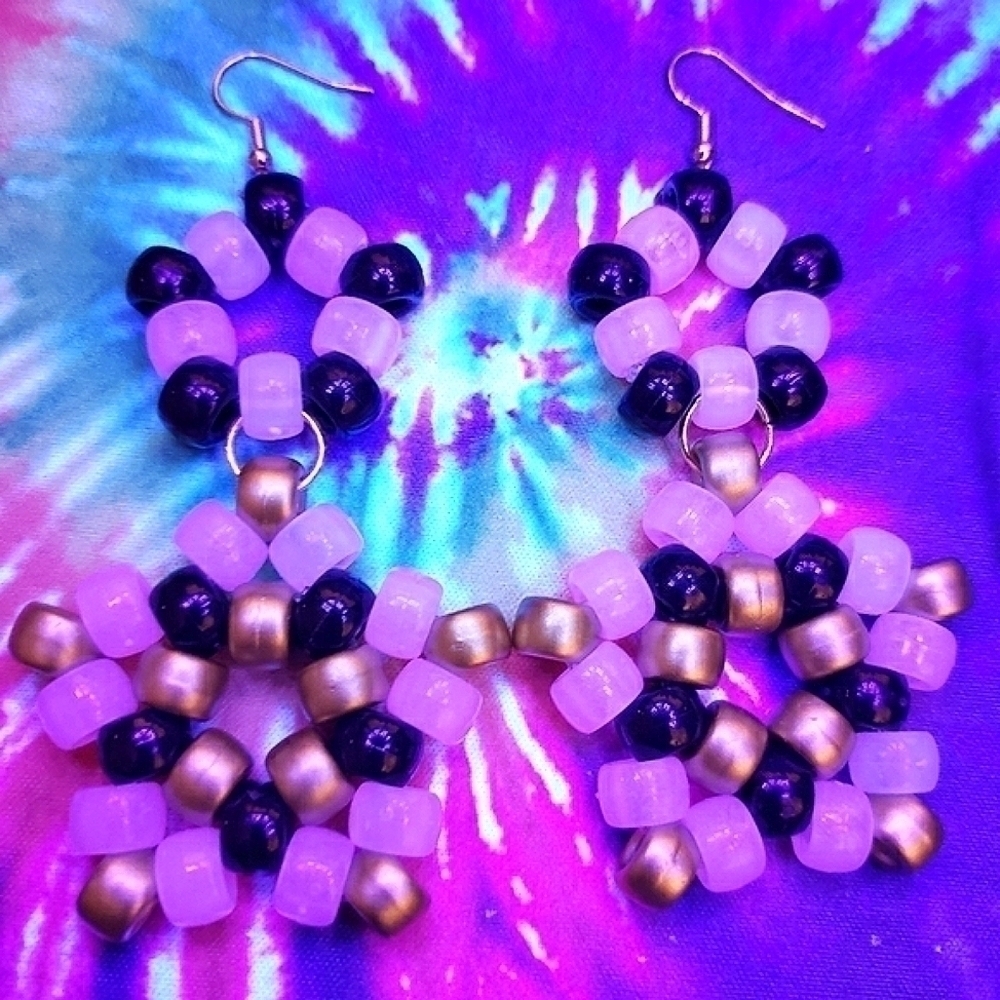 Handmade Pink Gold Black UV Kandi Star Dangle Earrings